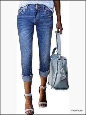 High Waisted Stretchy Skinny Crop Capri Jeans Roll Up Cuffed